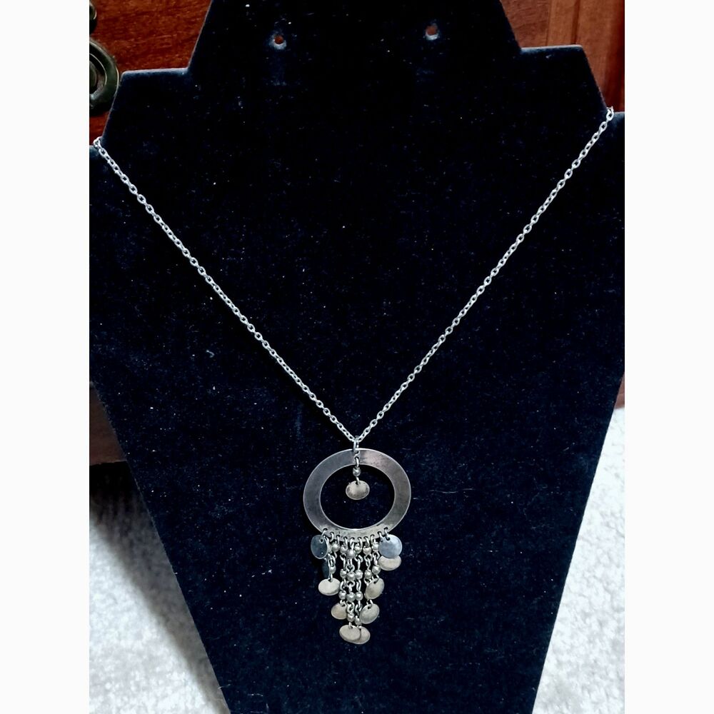 Vintage Silver-Toned Statement Necklace w/ Circular Pendant w/ Fringe, 16"